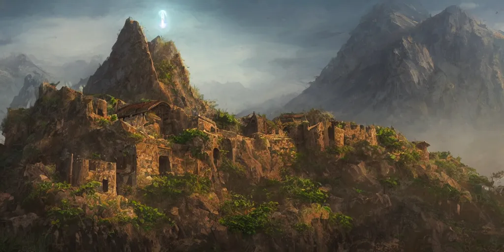 Prompt: an african old fortress on the mountains, surrounded by a city, fantasy art, cinematic volume lighting, 4k, illustration, epic scene, trending on artstation, art by Sebastian Luca