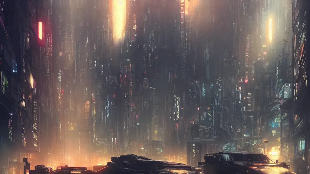 Prompt: streets of a cyberpunk city, blade runner, ghost in the shell, akira, sunset, gorgeous view, depth, rays of light, gorgeous view, robots, painted by seb mckinnon, high detail, digital art, painted by greg rutkowski, trending on artstation