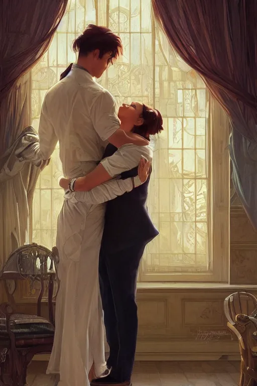 Image similar to portrait of a man in dhl uniform hugging his wife in a bed, feelings, romantic, fantasy, intricate, elegant, highly detailed, digital painting, artstation, concept art, smooth, sharp focus, illustration, art by artgerm and greg rutkowski and alphonse mucha