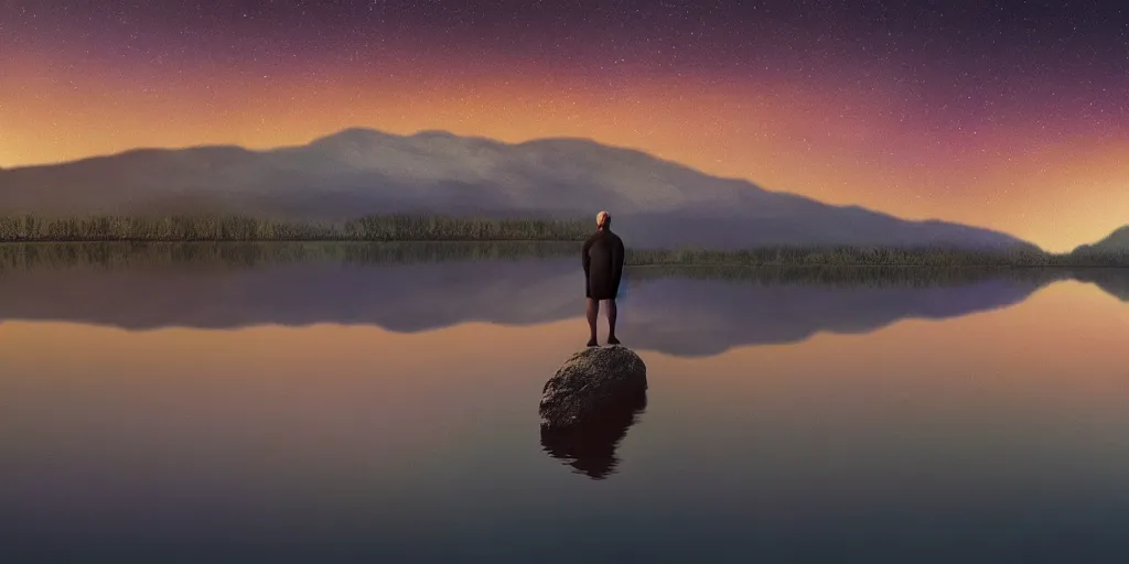 Prompt: beautiful landscape of small lake at night with distant mountains and close - up of a bald symmetric man in futuristic armor, ultra realistic, highly detailed, hd, sharp focus, cinematic lighting, realistic, vivid colors, painting, digital art, non blurry, sharp