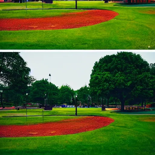 Prompt: a picture of a park in two halves. one half is dystopian colored, the other half is green and optimistically colored