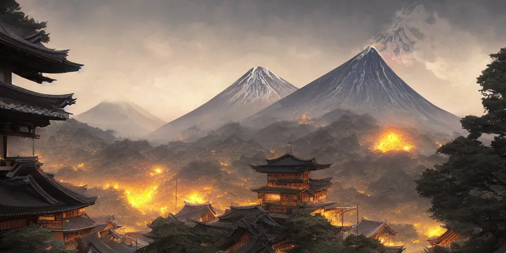 Prompt: a powerful japanese village high in mountains, fanart arstation 3 d, volcano, highly detailed, concept art by greg rutkowski, fantastic landscape, sharp, intricate detail, volumetric lighting, ray tracing, 8 k,