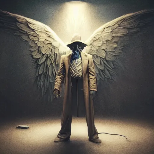 Prompt: An epic fantastic realism comic book style painting of The Mysterious Stranger,an Angel, Satan, Lucifer from The Adventures of Mark Twain (1985) fisheye, DAZ, hyperrealistic, octane render, dramatic lighting, extremely moody lighting, glowing light and shadow, atmospheric, cinematic, superb resolution, symmetrical, rich deep moody colors, golden hour, sharp focus, cgsociety, trending on arstation, stunning, breathtaking, awe-inspiring, award-winning, concept art, post-processing, photoshopped, 8k, photorealistic, complex, intricate, 3-point perspective, hyper detailed, unreal engine 5, IMAX quality