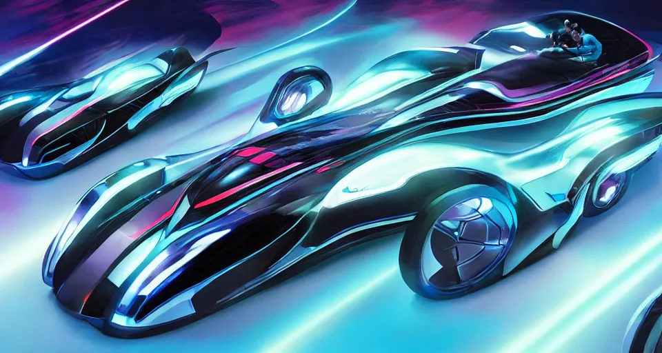 Prompt: dream tron tesla light cycle race, hot wheels, overhead view, octane, raytrace, syd mead, artgerm, jim lee,