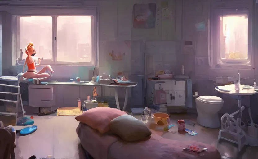 Prompt: a stylish bedroom interior, scifi plastic capsule apartment, kitchen, toilet, painting by Craig Mullins, octane rendering, soft lighting, wide angle lens, worm's-eye view, in the style of Pixar animation, trending on artstation,