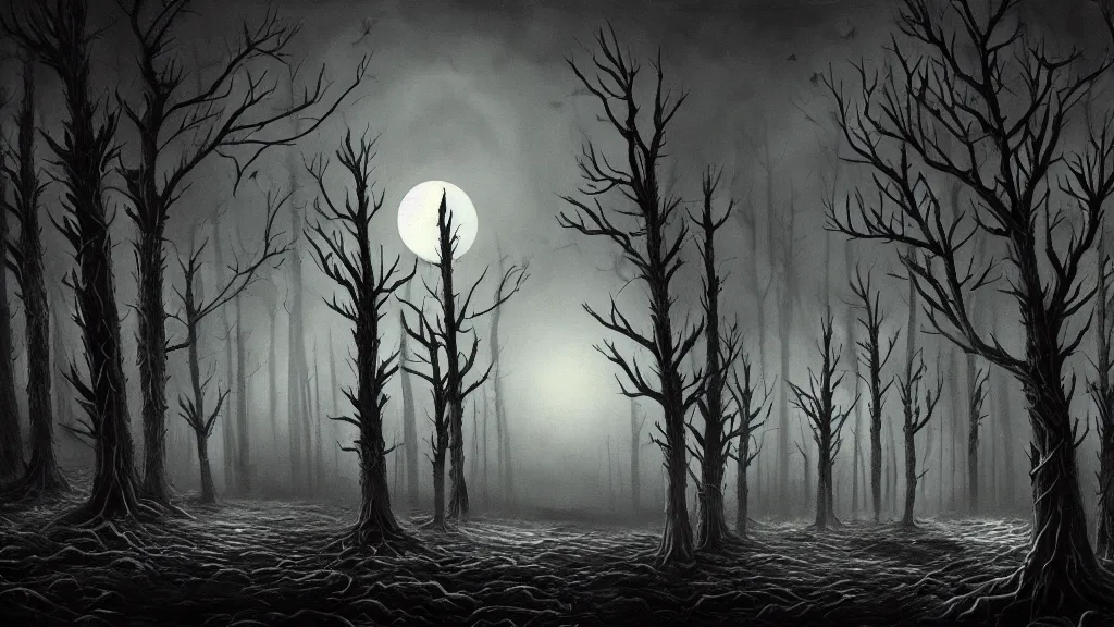 Image similar to detailed stylized horror illustration of the unknown place with the dead pines, under a pale dead moon, folk horror, dramatic dark eerie lighting, horrific surreal nightmare, 8k resolution artwork, horror art, eerie, creepy, trending on artstation, painting, elaborate excellent painted illustration, smooth, sharp focus