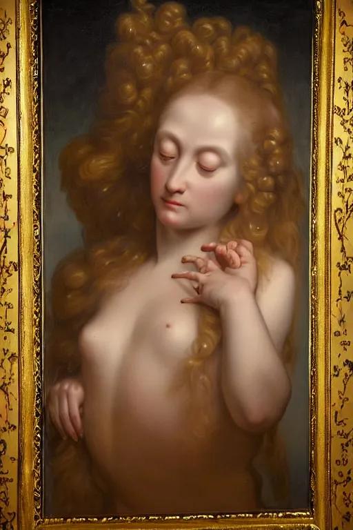 Prompt: hyper realistic painting portrait of the lady of mirrors, occult diagram, elaborate details, rococo, classical, gothic, intrincate ornaments, gold decoration, caligraphy, occult art, illuminated manuscript, oil painting, art noveau, in the style of roberto ferri, gustav moreau, jean delville, bussiere, andrew gonzalez, jim harter