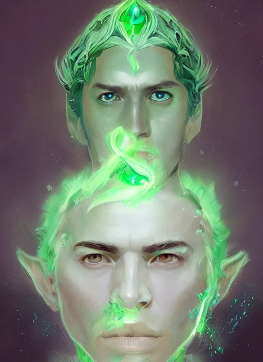 Prompt: character concept portrait of an extremely handsome young Spanish wizard with green eyes and powder-green skin conjuring a cosmic spell, a floating iridescent spell book in the center, intricate, elegant, digital painting, concept art, smooth, sharp focus, illustration, from Metal Gear, by Ruan Jia and Mandy Jurgens and William-Adolphe Bouguereau, Artgerm