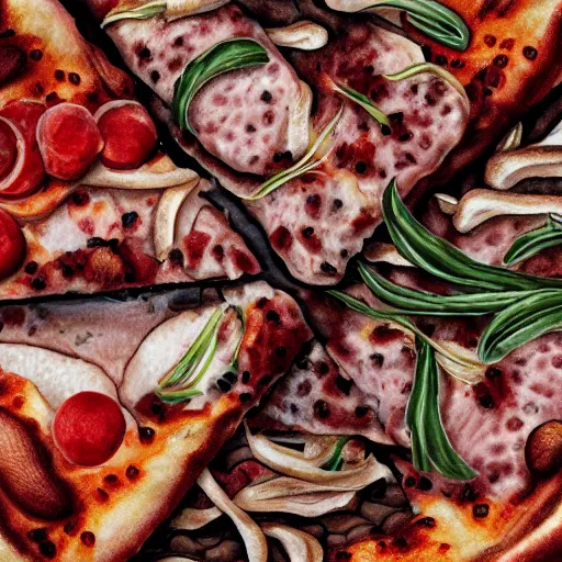 Prompt: unsplash hd realistic artwork Highly Detailed 4k digital illustration meat lover\'s pizza