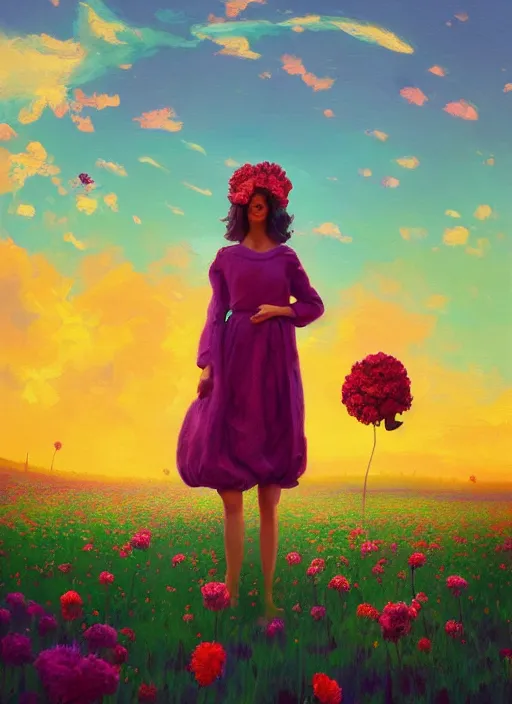 Image similar to woman with a giant carnation head, flower field, surreal photography, sunset dramatic light, impressionist painting, colorful clouds, blue sky, digital painting, artstation, simon stalenhag