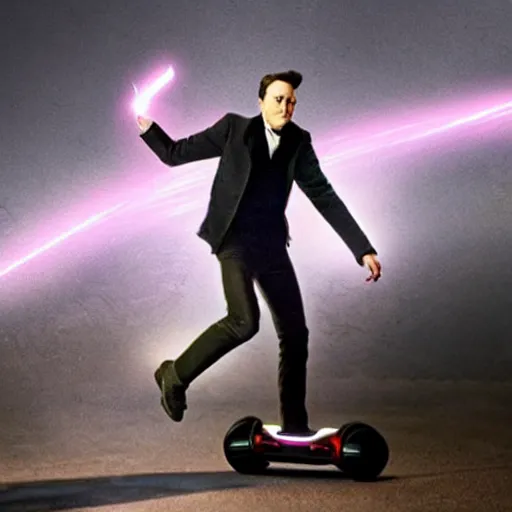 Prompt: nicolas tesla riding on a hoverboard with lighting coming off of it
