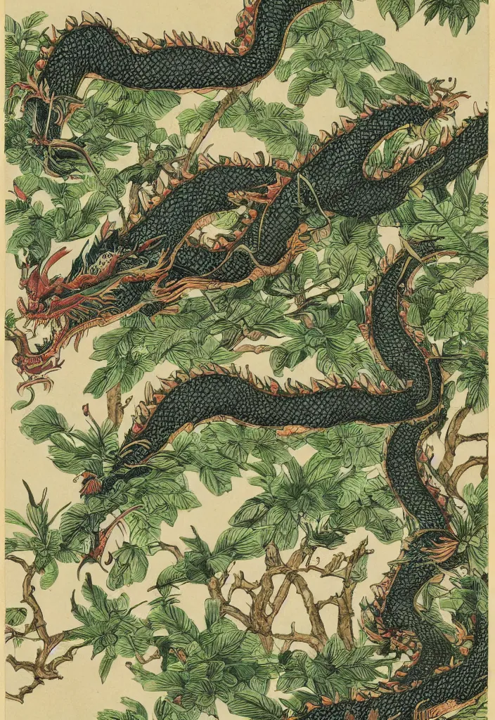 Prompt: vintage chinese dragon in a tropical forest, john james audubon, intaglio, 8 k resolution