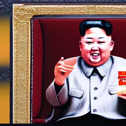 Prompt: cinematic shot of kim jong - un sitting on a couch in an apartment eating a box of cheez - its, 8 k, very intricate, very detailed,