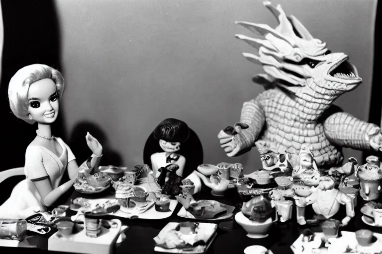 Image similar to Godzilla tea party with Barbie, plastic barbie doll, 1956 claymation godzilla