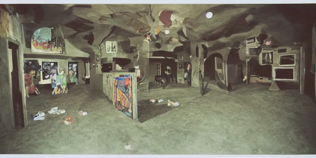 Prompt: a weird modern confined place, house, playground, office, pool, bar, pub, room, hall way with eerie feeling by otto dix, disposable colored film camera, camera flash, unusual place, unsettling, kids place, night scene