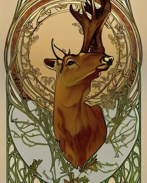 Image similar to an art nouveau painting of a deer with antlers, highly detailed, intricate, artstation, by alphonse mucha and james gurney