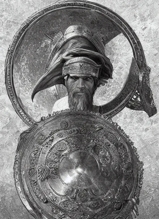 Image similar to highly detailed picture of great greek warrior with a shield, edge of the universe, perfectly symmetrical face, cinematic romantic magical, greek myth, masterpiece, from the book by gene wolfe, highly detailed painting by gustave dore, digital art, trending on artstation, golden ratio, perfect symmetrical, perfect intricate