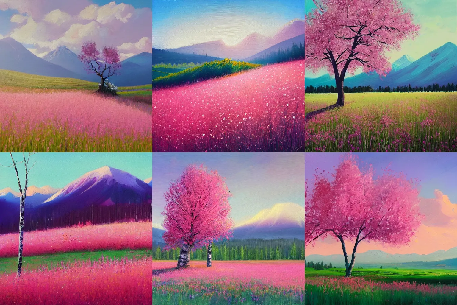 Prompt: A beautiful oil painting of a birch tree standing in a spring meadow with pink flowers, a distant mountain towers over the field in the distance. Artwork by Alena Aenami