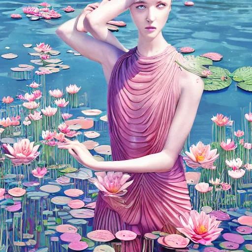 Image similar to pretty model with water lilies : : by martine johanna and simon stalenhag and chie yoshii and casey weldon and wlop : : ornate, dynamic, particulate, rich colors, intricate, elegant, highly detailed, vogue, harper's bazaar art, fashion magazine, smooth, sharp focus, 8 k, octane render