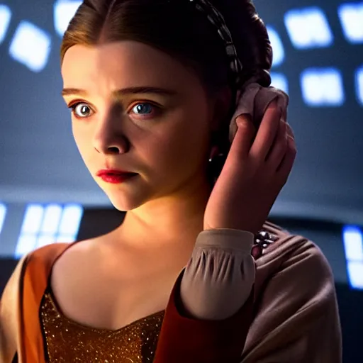 Image similar to Adult Chloe Moretz as Princess Leia, movie scene, DSMC2, 50mm, F1.4, studio lighting, professional, Look at all that detail!, Dolby Vision, UHD