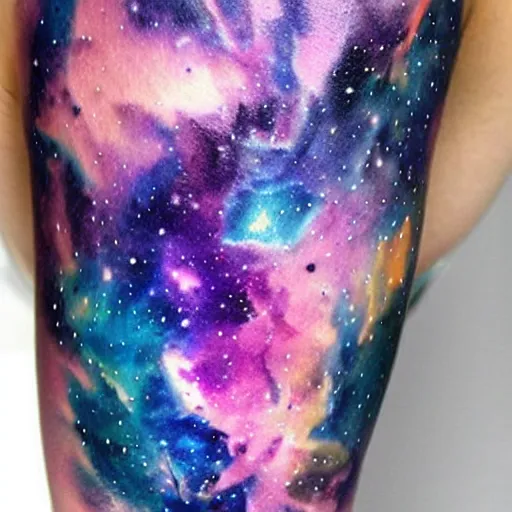 Image similar to A galaxy wolf shaped nebula watercolor tattoo, advanced,