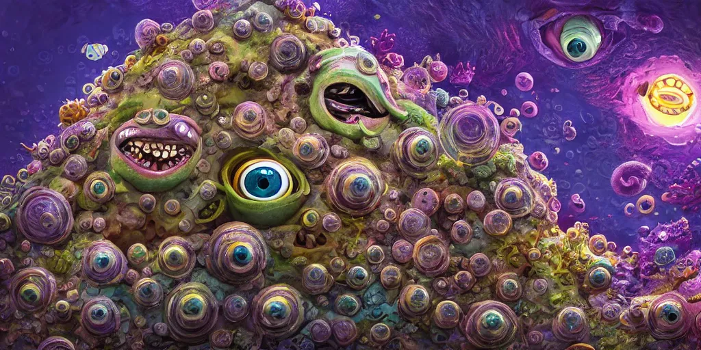 Image similar to of an intricate sea reef with strange cute friendly happy creatures with huge eyes, mouth, long tongue, round teeth and goofy face, appearing from the background, in the style of gehry and gaudi, macro lens, shallow depth of field, ultra detailed, digital painting, trending artstation, concept art, illustration, cinematic lighting, photorealism, epic, octane render