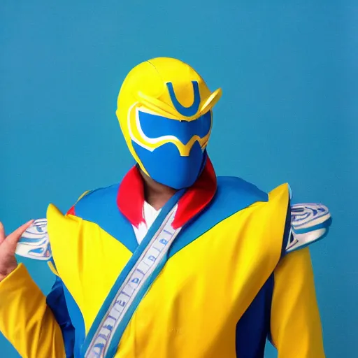 Image similar to a photograph of a super sentai Ranger wearing a dolphin themed blue and white suit, 80s aesthetic