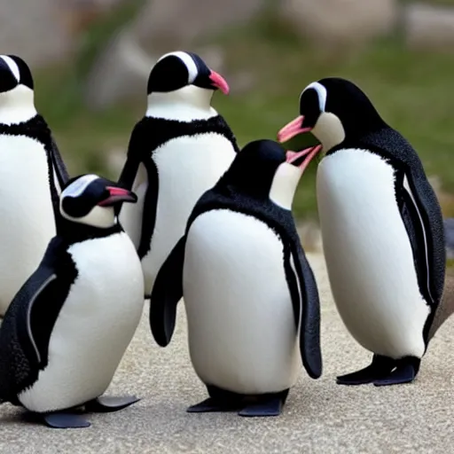 Prompt: 6 dancing pallbearer penguins