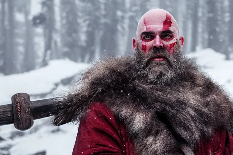 Image similar to vfx movie strong bald man in furs, natural grizzled skin, streaks of red face paint grey beard, holding two detailed viking axes, in snowy tahoe, god of war by emmanuel lubezki