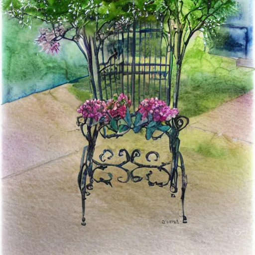 Image similar to delicate, mage enchanting chair, garden, paved, botanic watercolors, iridescent, 8 k, realistic shaded, fine details, artstation, italian, iron gate, tree, mediterranean