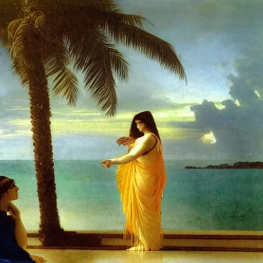 Image similar to Silhouette of two girls at the palace, thunderstorm, greek pool, beach and palm trees on the background major arcana sky, by paul delaroche, alphonse mucha and arnold böcklin arnold böcklin hyperrealistic 8k, very detailed