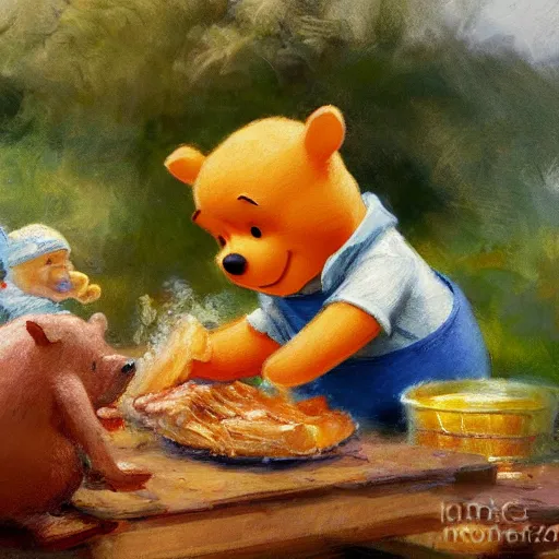 Image similar to close up of winnie the pooh cooking a hog roast, cinematographic shot, by daniel f. gerhartz