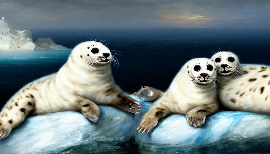 Prompt: highly detailed painting of cute furry white baby seal leopards cuddling into each other on a blue and white iceberg by william turner, by greg rutkowski, by william constable, thick brush strokes and visible paint layers, 4 k resolution