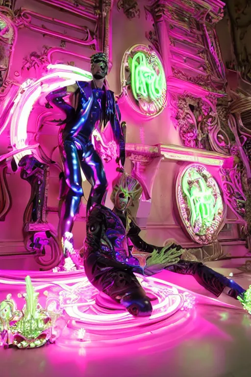 Image similar to full-body rococo and cyberpunk style neon statue of a muscular attractive Jay Sean sim camisa macho dotado e rico android sim roupa reclining con las piernas abertas e la piroca dura, glowing white laser eyes, prince crown of pink gears, diamonds, swirling silver-colored silk fabric. futuristic elements. full-length view. space robots. human skulls. intricate artwork by caravaggio. Trending on artstation, octane render, cinematic lighting from the right, hyper realism, octane render, 8k, depth of field, 3D