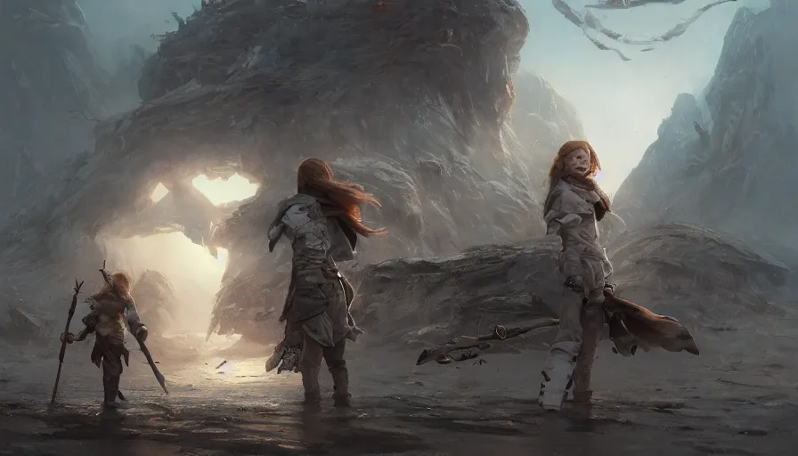 Image similar to a highly detailed epic cinematic concept art CG render digital painting artwork: Emma Stone and Sadie Sink back to back in an action scene. By Greg Rutkowski, Ilya Kuvshinov, WLOP, Stanley Artgerm Lau, Ruan Jia and Fenghua Zhong, trending on ArtStation, subtle muted cinematic colors, made in Maya, Blender and Photoshop, octane render, excellent composition, cinematic atmosphere, dynamic dramatic cinematic lighting, precise correct anatomy, aesthetic, very inspirational, arthouse