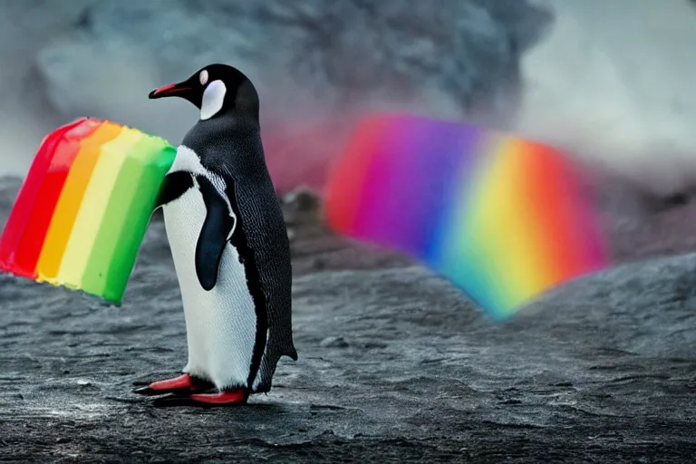 Prompt: a cinematic photo of a penguin, rainbow, lemonade, masterpiece