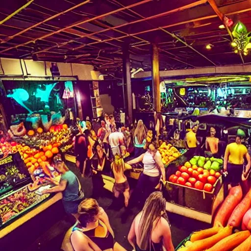 Prompt: a photo of a nightclub. fat men in swimsuits and giant fruit and vegetables all over the floor.