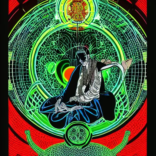 Prompt: technical illustration of a monk meditating in a neon lit ying yang, cyber punk forest, interconnected woven circuitry and cables, ornate details, stefan gesel, yoshitaka amano, alphonse mucha