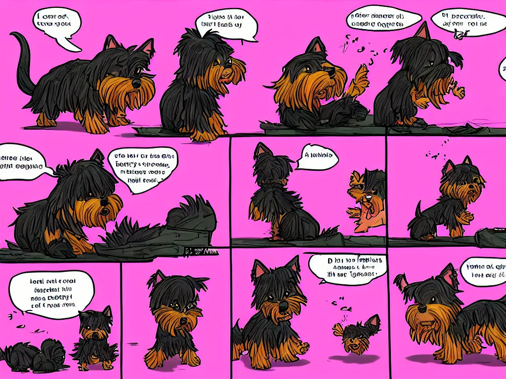 Prompt: a 4 panel comic strip of a lonely black and caramel Yorkshire Terrier, fighting with a pink rubber monkey in a cyberpunk, post apocalyptic Tokyo, D&D, fantasy, highly detailed, digital painting, artstation, concept art, smooth, sharp focus, illustration, art by Bill Sienkiewicz