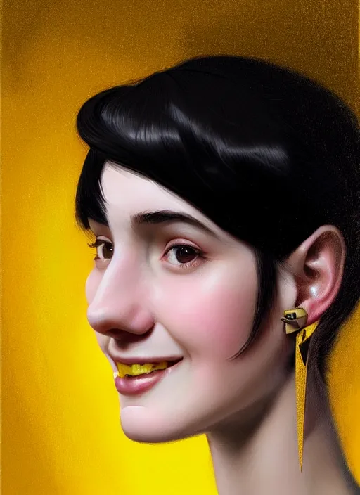 Prompt: portrait of high school girl, realistic, black hair, bangs, half updo hairstyle, pointy nose, skinny, smile, ugly, defined jawline, big chin, yellow hair bow, earrings, intricate, elegant, glowing lights, highly detailed, digital painting, artstation, sharp focus, illustration, art by wlop, mars ravelo and greg rutkowski