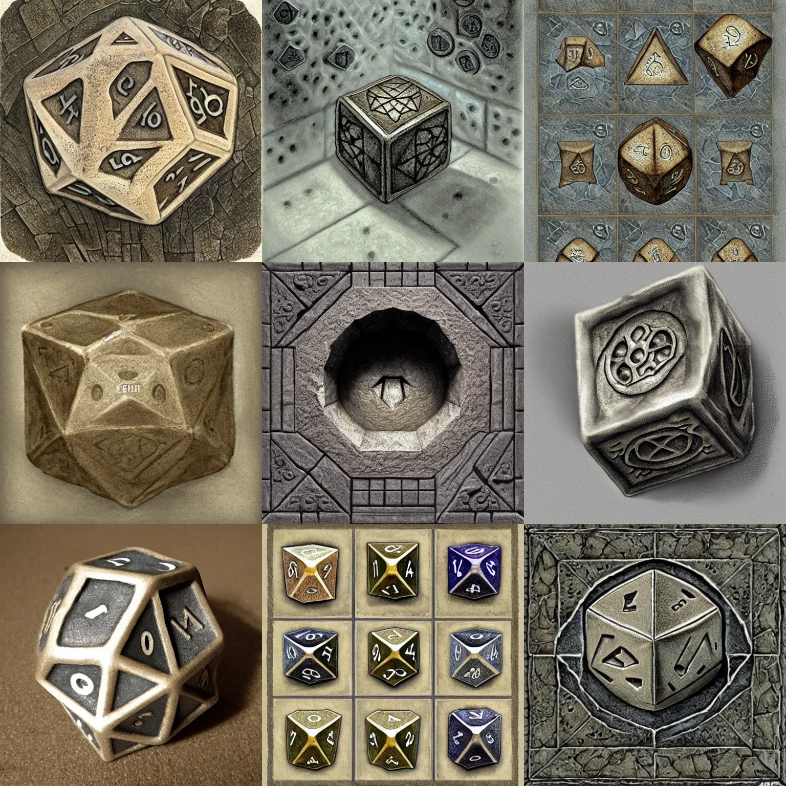 Prompt: ancient d 2 0 sided dice of power, by alan lee, detailed textures, soft glow, hobbit hole interior, tile floor.