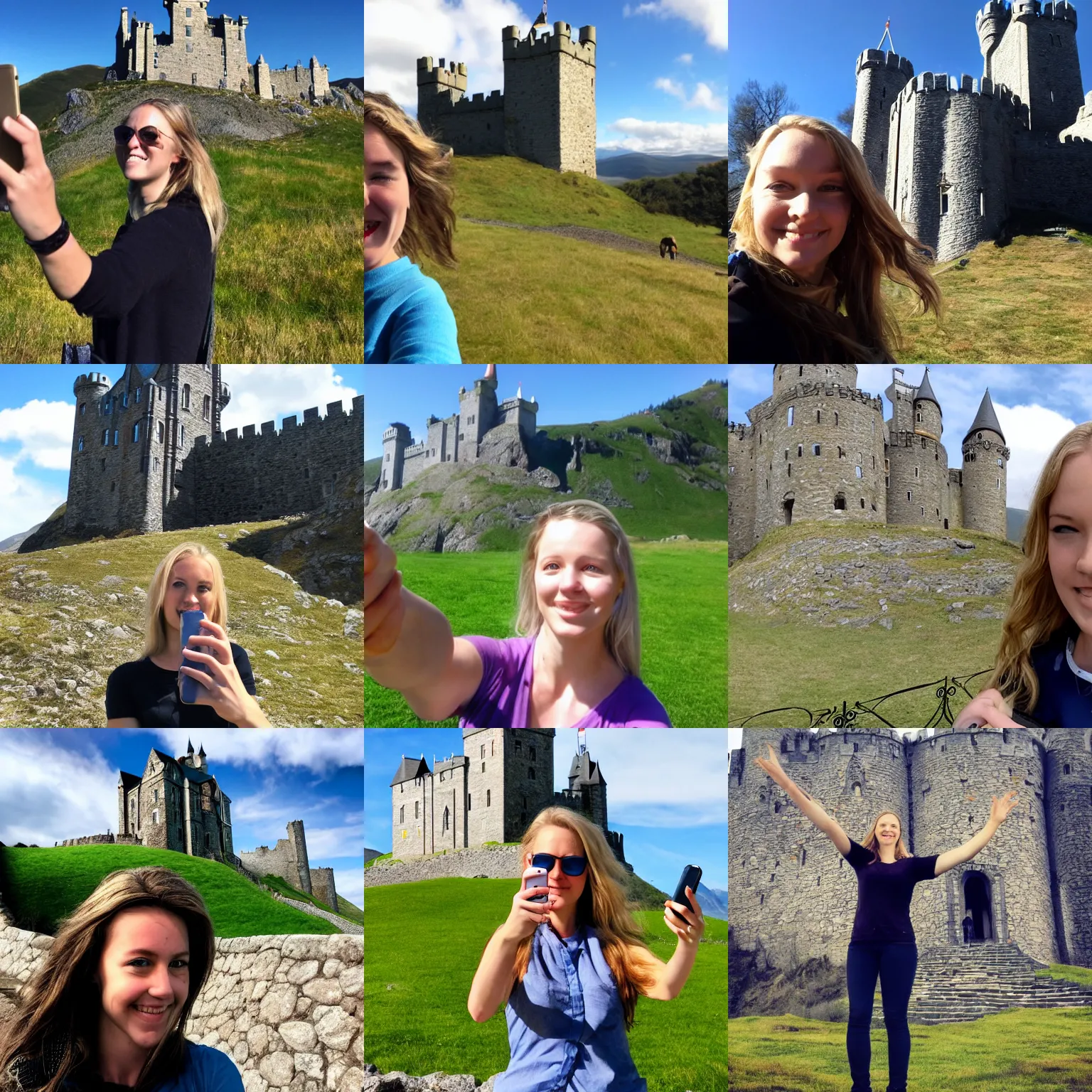 Prompt: eowyn posing for a selfie in front of a castle on a mountain