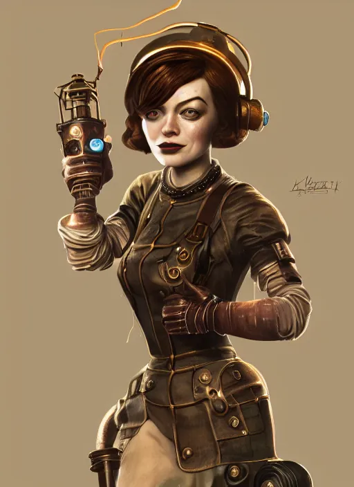 Prompt: Bioshock steampunk fallout portrait of Emma Stone, au naturel, hyper detailed, digital art, trending in artstation, cinematic lighting, studio quality, smooth render, unreal engine 5 rendered, octane rendered, art style by klimt and nixeu and ian sprigger and wlop and krenz cushart