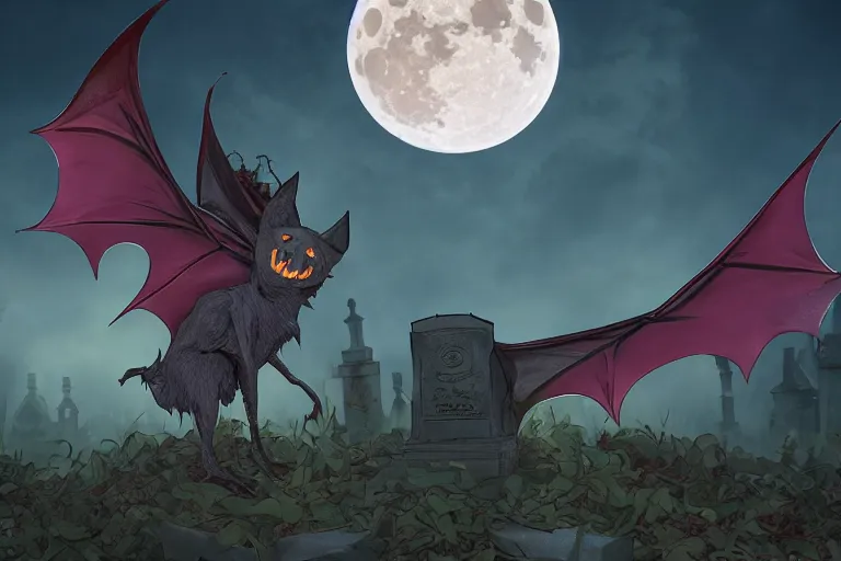 Prompt: an ultra detailed animation of a cartoon halloween bat in a graveyard at midnight on halloween, digital art, dark fantasy, concept art, soulslike, by alphonse mucha, blood moon eclipse, ruined building in the background, artstation, 8 k, unreal engine render