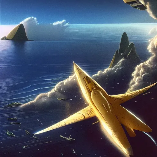 Image similar to beautiful matte painting of golden shores of a blue dreamy ocean, heavenly island in the clouds floating above the ocean, spaceship flying by, sci - fi, daylight, blue sky, cinematic lighting, cinematic perspective, syd mead, john harris, federico pelat