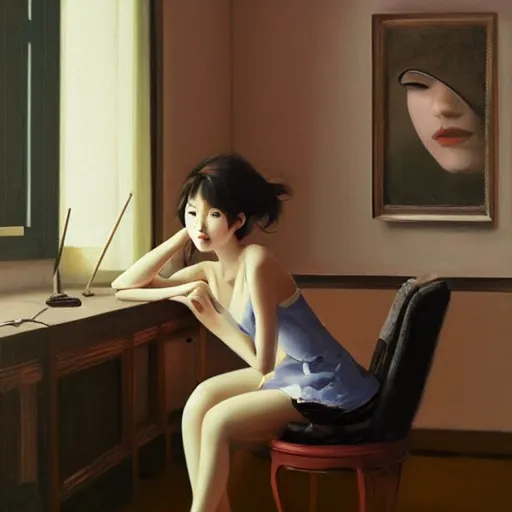 Image similar to oil painting by ilya kuvshinov,, baugh casey, rhads, coby whitmore, of a youthful japanese beauty, long hair, sitting on antique chair leaning against a desk, victorian room