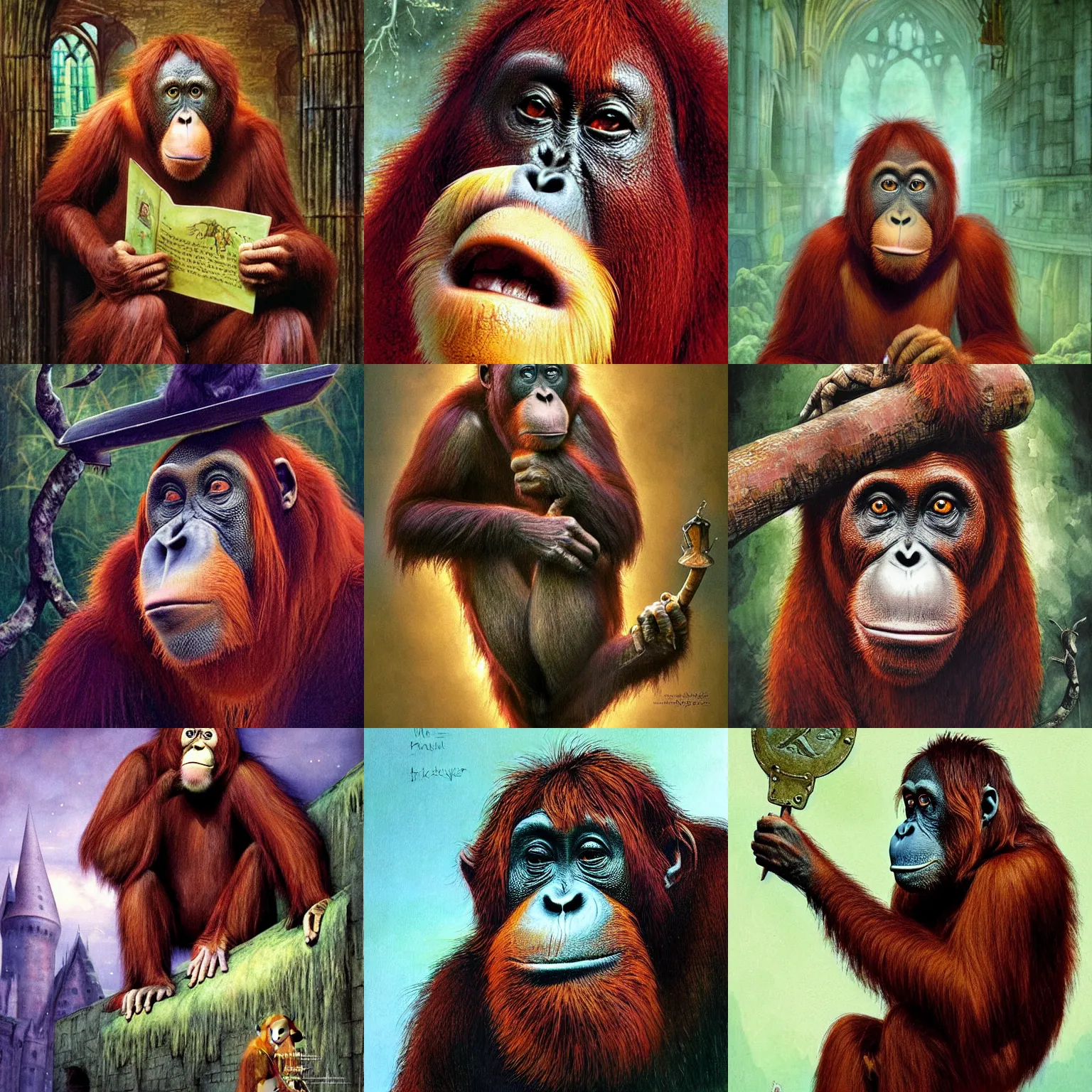 Image similar to Orangutan as a grumpy Libarian in Hogwarts, School of Witchcraft and Wizardry, detailed, hyperrealistic, colorful, cinematic lighting, digital art, illustration from a Harry Potter book by Paul Kidby and Jim Kay