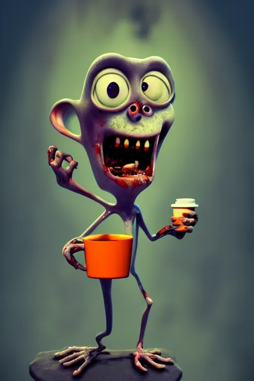 Image similar to a funny zombie character with big eyes holding a cup of coffee on a cemetery at night. pixar disney 4 k 3 d render movie oscar winning trending on artstation and behance. ratatouille style.