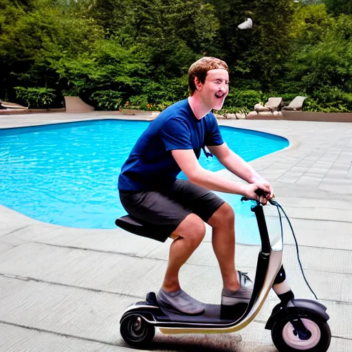 Prompt: mark zuckerberg riding a scooter into the swimming pool, silly!