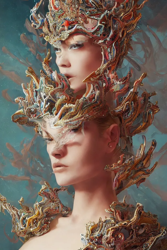 Image similar to a sculpture made of opal and coral, portrait, queen, future, harper's bazaar, vogue, magazine, insanely detailed and intricate, concept art, ornate, luxury, elite, elegant, trending on artstation, by Ruan Jia, Kenneth Willardt, Ross Tran, WLOP, Andrei Riabovitchev.